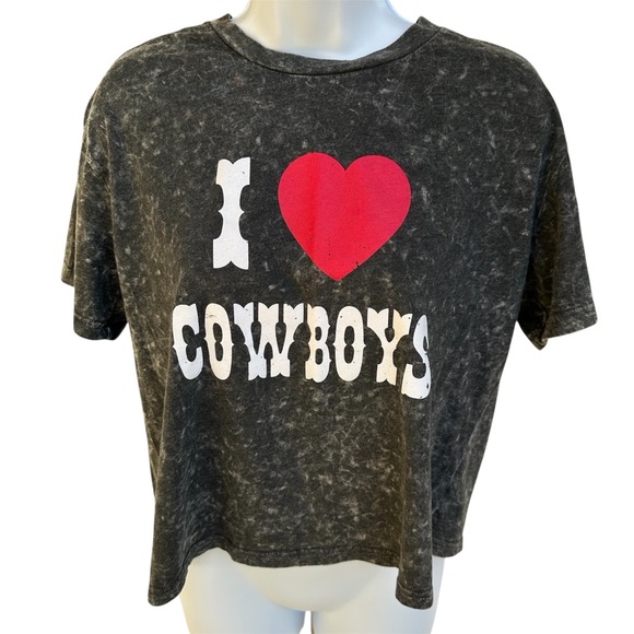 Rebellious One Tops - 2/$12 Black Acid Wash “I ❤️ Cowboys” T-shirt